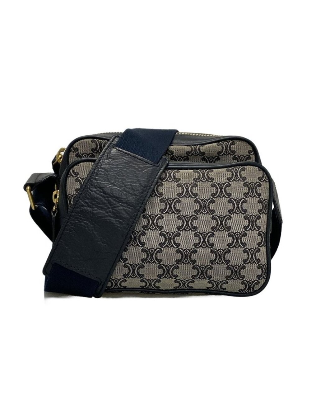Celine Shoulder Bag Macadam Pattern Light Gray Dark Navy Leather - Picture 1 of 15